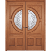 Wooden double door with decorative glass panels on a transparent background
