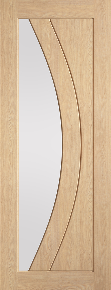 Oak wood door with two curved grooves and a large clear glazed panel on a white background 