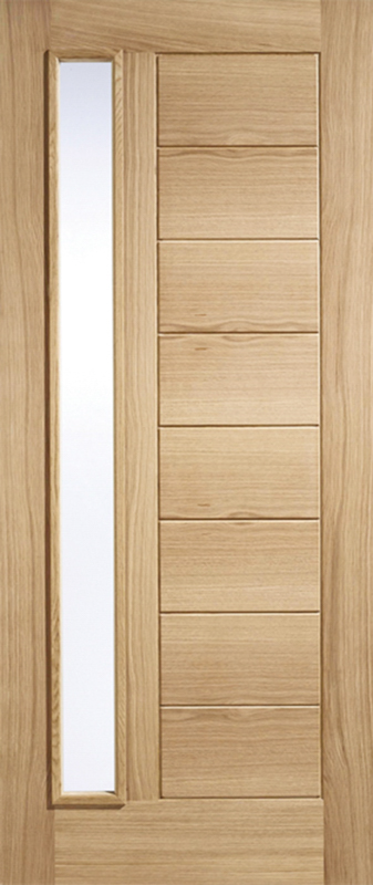 Oak wood door with a vertical rectangular window