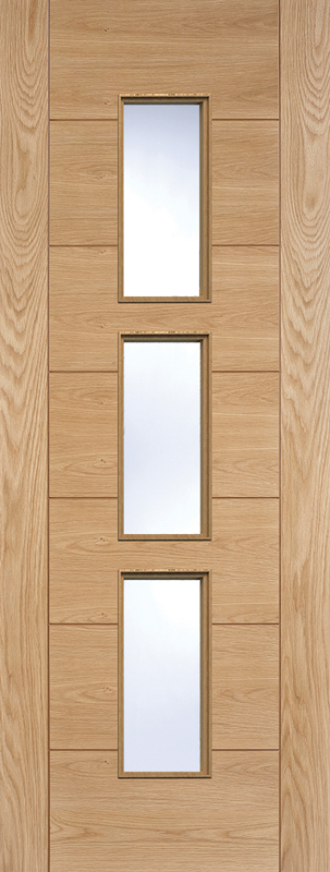 Wooden door with three vertical glass panels