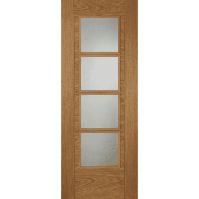 Wooden door with four glass panels on a white background