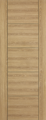 Oak Vancouver internal door with five horizontal panels and light oak laminated finish, prefinished for modern interior spaces.