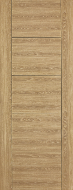 Oak Vancouver internal door with five horizontal panels and light oak laminated finish, prefinished for modern interior spaces.