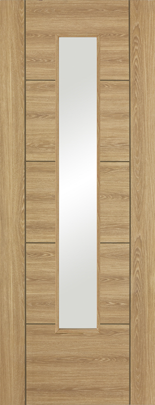 Oak Vancouver internal door with vertical frosted glass panel and horizontal groove detailing, light oak laminated finish, designed for modern interior spaces.