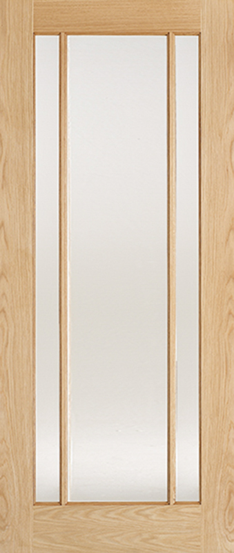 Wooden door with glass panels on a white background