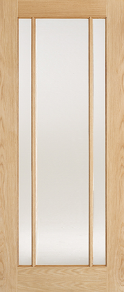 Wooden door with glass panels on a white background