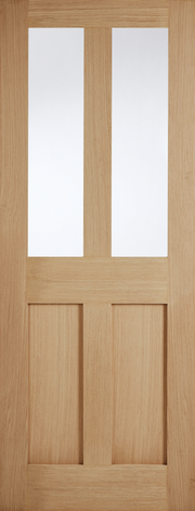 Wooden door with two glass panels and two solid wood panels