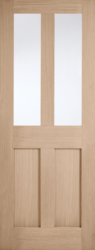 Wooden door with two glass panels and two solid wood panels