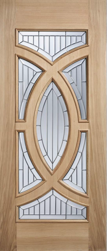 Oak wood door with glass panels and intricate design