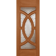 Wooden door with decorative glass panels on a transparent background
