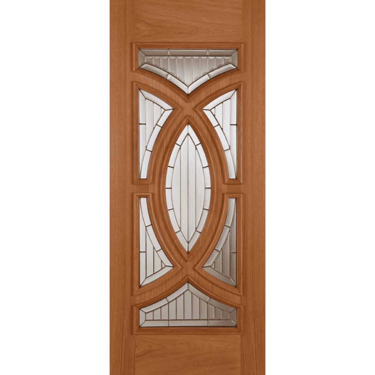 Wooden door with decorative glass panels on a transparent background