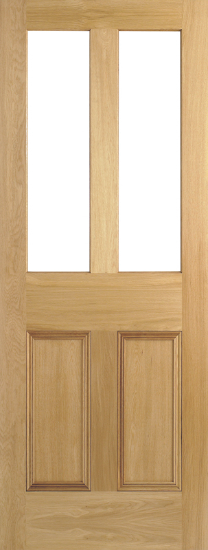 Wooden door with two glass panels and two solid panels