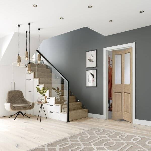 Modern interior design of a staircase and living area with gray walls, wooden doors, and decorative elements.