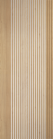 Wooden glazed door with vertical stripes in a gradient from light to dark brown.