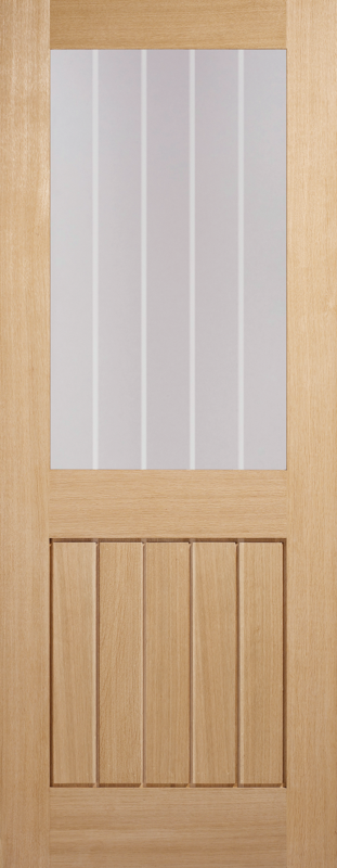 Wooden door with a glass panel and vertical slats