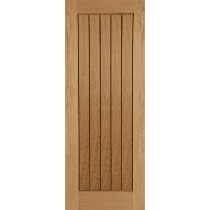 Wooden door with vertical slats on a white background