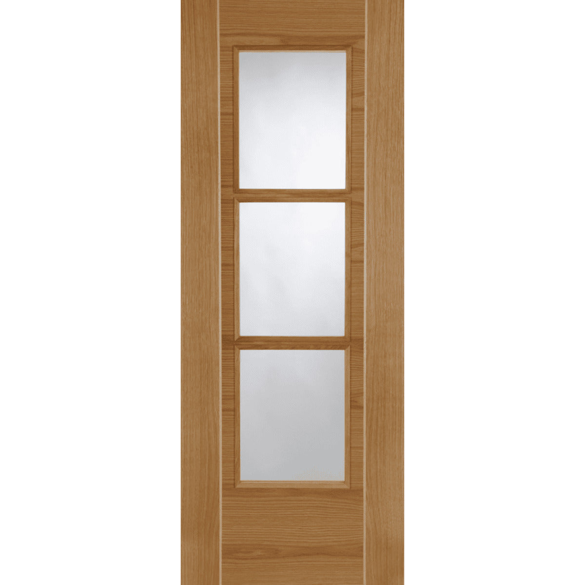Wooden door with three glass panels on a white background