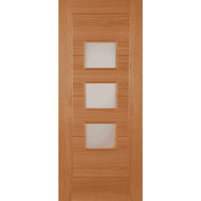 Wooden door with three square glass panels on a white background