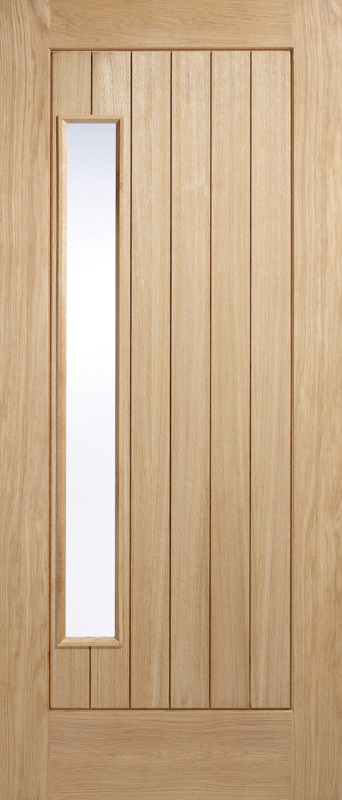 Oak wood door with a vertical glass panel