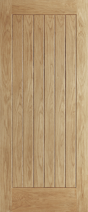 Oak wood door with vertical slats on a plain background