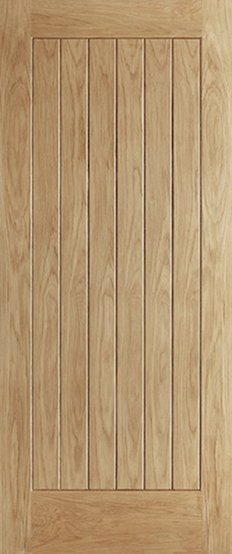 Oak wood door with vertical slats on a plain background
