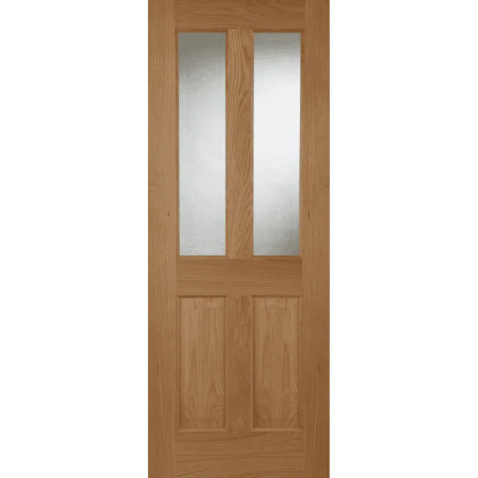 Wooden door with two glass panels on a white background