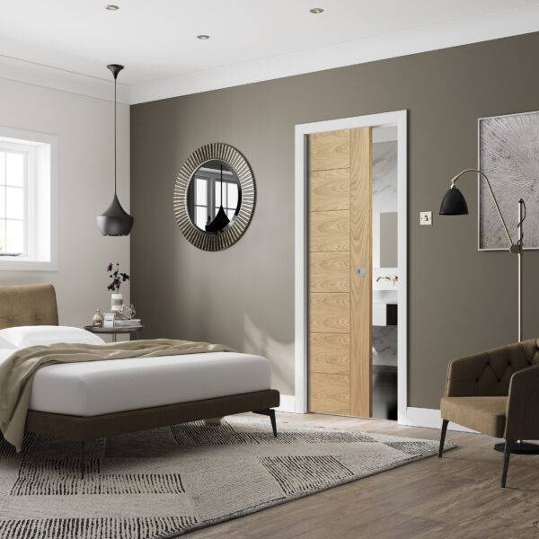 Modern bedroom with wooden door, bed, and decor