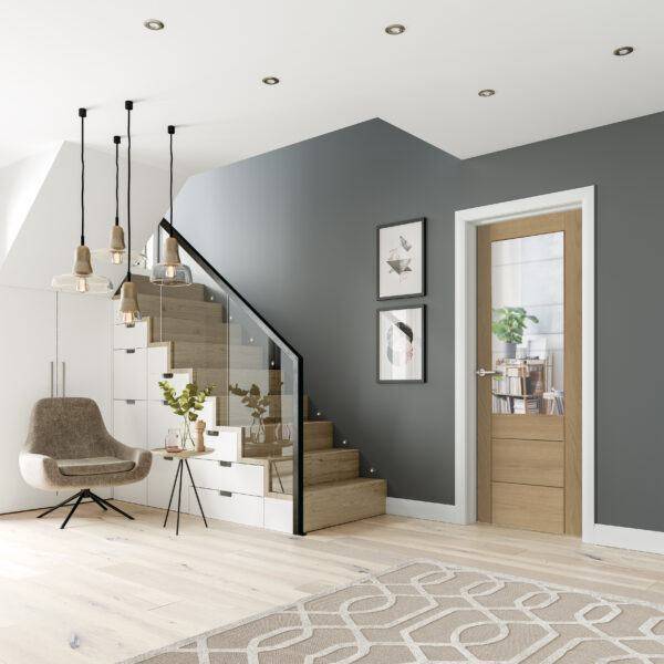 Modern interior design of a staircase and living area with gray walls, wooden door, and decorative elements.