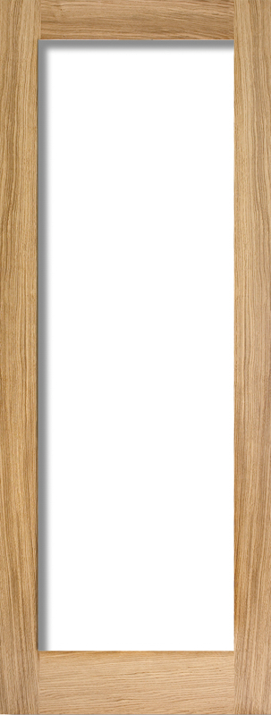 Wooden fire-rated door with a clear glass panel on a white background