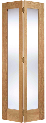 Wooden bi-fold door with glass panels on a white background