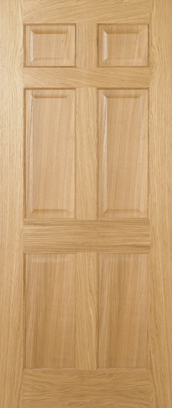 Wooden door with a six-panel design