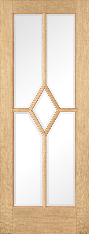 Wooden door with glass panels featuring geometric designs
