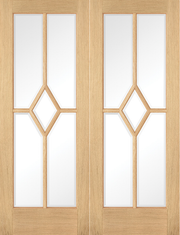 Wooden door with glass panels and geometric design