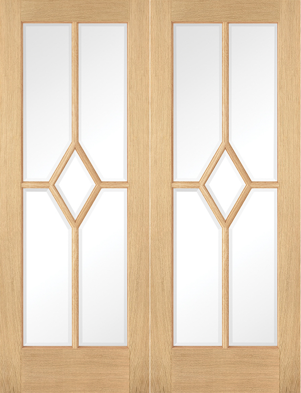 Wooden door with glass panels and geometric design