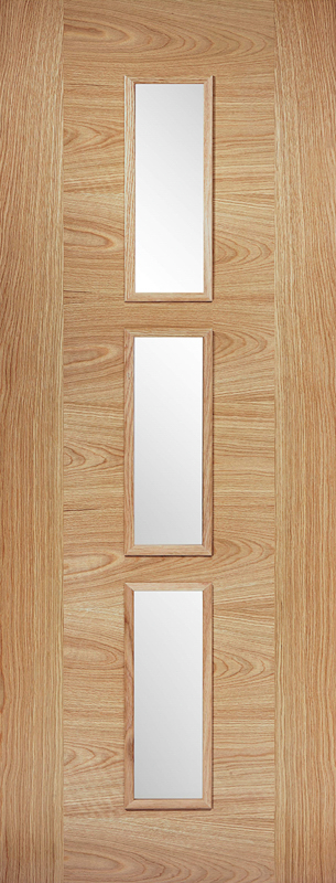 Wooden door with three vertical glass panels