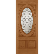 Wooden door with oval glass panel on a white background