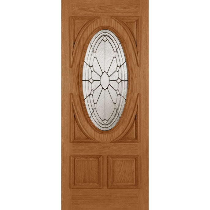 Wooden door with oval glass panel on a white background