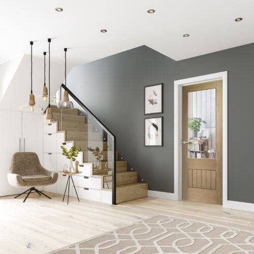 Modern interior design of a hallway with gray walls, wooden staircase, and decorative elements.