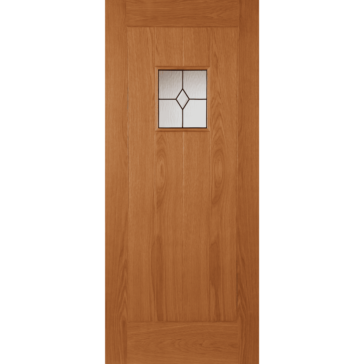 Wooden door with a glass panel on a green background