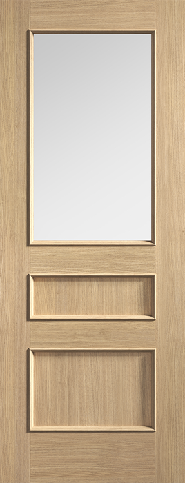 Wooden door with a glass panel and three rectangular cutouts
