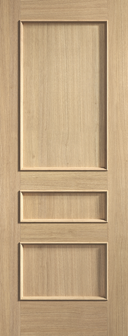 Wooden door with a three-panel design on a wooden background