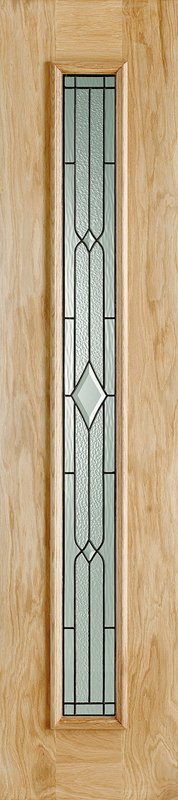 Wooden door sidelight with a glass panel featuring decorative etching