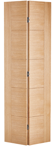 Wooden bi-fold door with a light brown finish on a white background