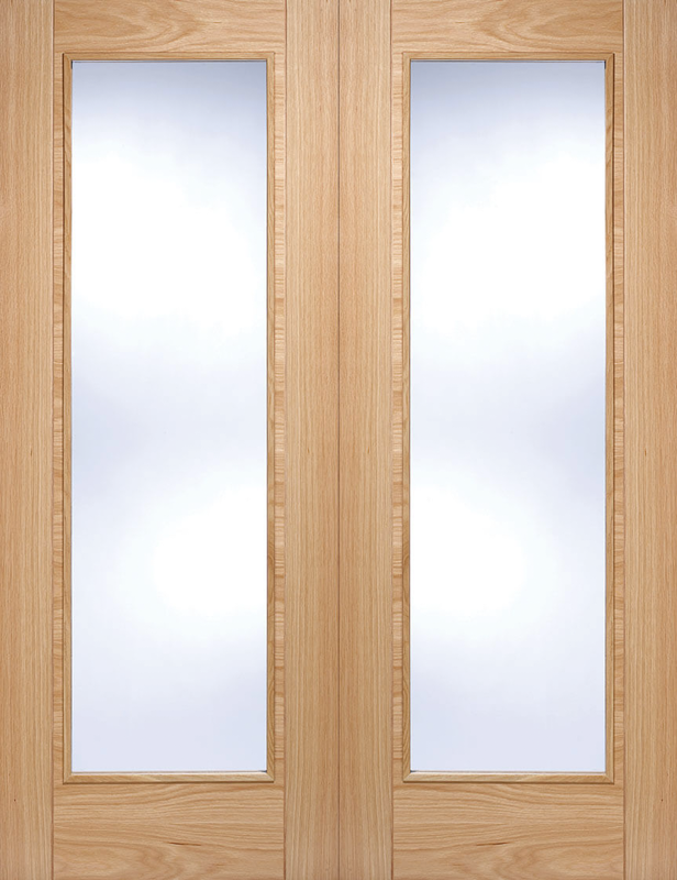 Wooden door with glass panels on a white background