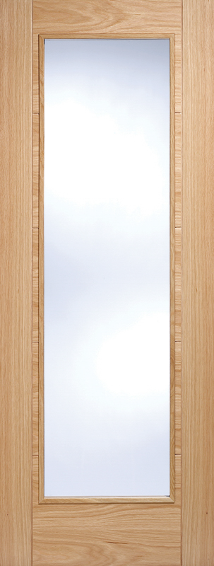 Wooden door with a clear glass panel on a white background