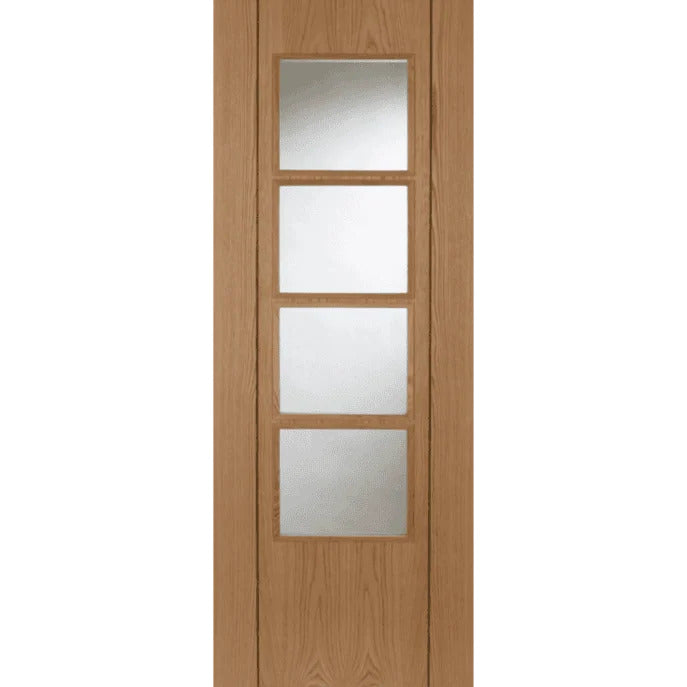 Wooden door with four glass panels on a white background