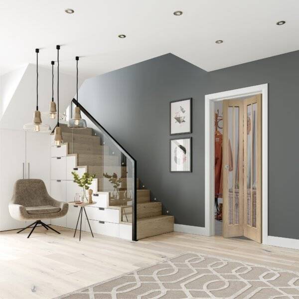 Modern interior design of a living room with gray walls, wooden staircase, and decorative elements.