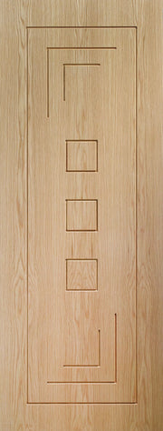 Wooden door with a geometric pattern on a light wood background