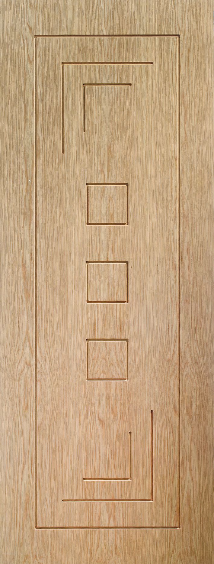 Wooden door with a geometric pattern on a light wood background