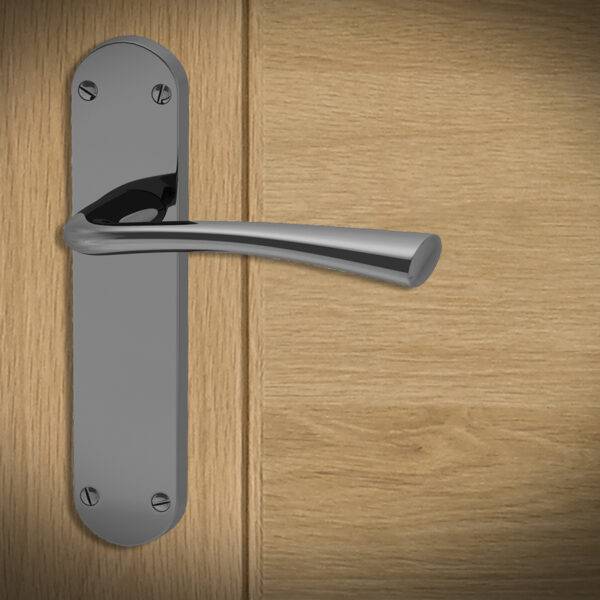 Silver door handle on a wooden door